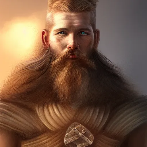 Image similar to portrait of a viking, male standing on the beach facing camera, epic fantasy, detailed, intricate, digital painting, concept art, realistic, smooth, focus, rim light