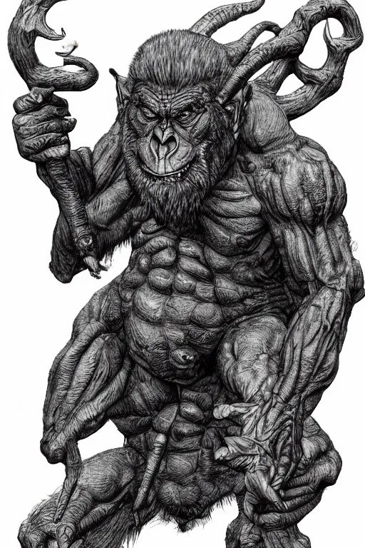 Image similar to humanoid hunched figure troll with 1 horn, ogre, ape, highly detailed, digital art, sharp focus, trending on art station, kentaro miura manga art style