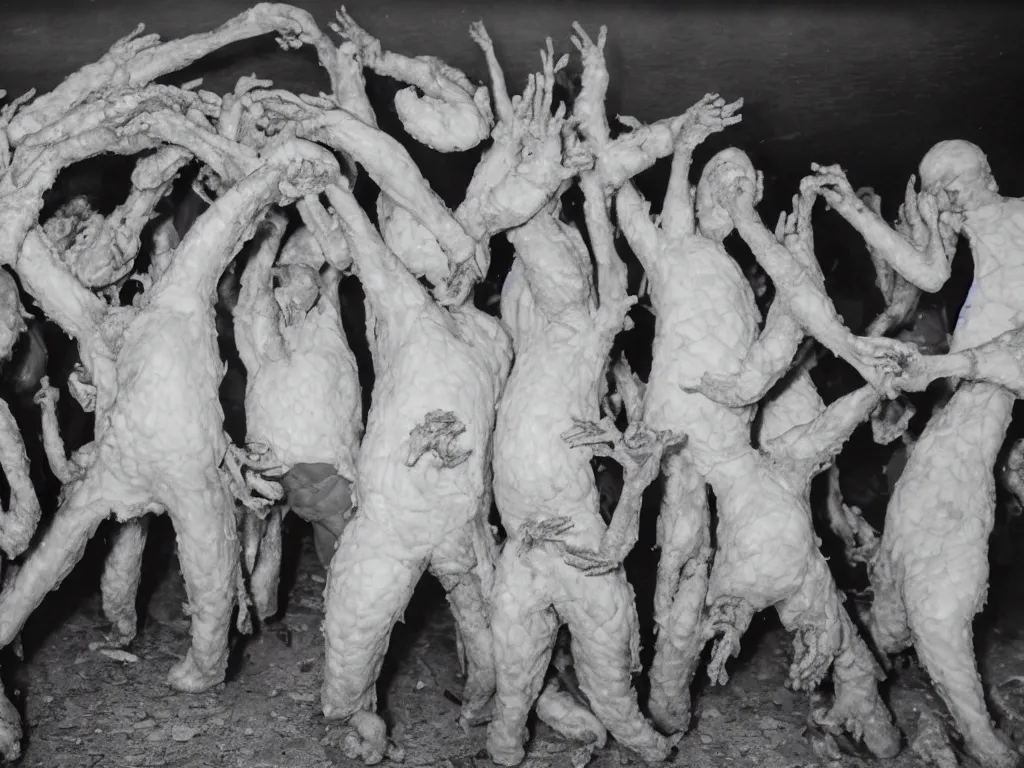 Image similar to irradiated lovers hold hands under a bridge made of raw chicken. they cast a deathly shadow over the foreground. a troupe of breakdancing squid entertain to the left hand side. foam party to the right