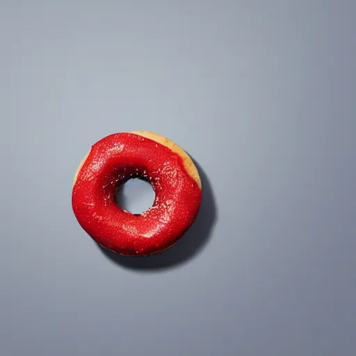 Image similar to Perfectly circular donut!!!!! in the shape of a strawberry!!!!!!, trending on artstation, 4k, 8k, professional photography, overhead shot, 35mm lens