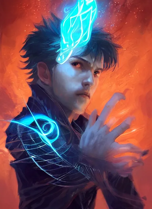 Image similar to character concept portrait of a handsome young warlock with pale white skin and buzzed short spiky hairstyle casting a dark magic spell with red and orange glowing runes, a floating iridescent spell book, intricate, elegant, digital painting, concept art, smooth, sharp focus, illustration, from Metal Gear, by Ruan Jia and Mandy Jurgens and Artgerm and William-Adolphe Bouguereau