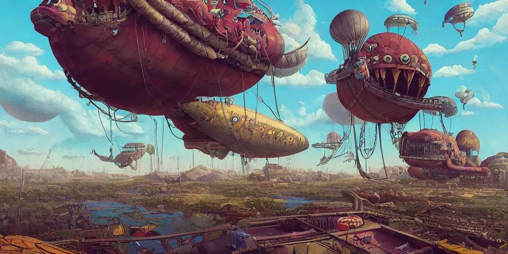 Prompt: a beautiful and highly detailed painting of an aaahh!!! Real Monsters airship docked at an aaahh!!! Real Monsters airship port by James Gurney and beeple | Unreal Engine: .4 | establishing shot | graphic novel, illustration: .3