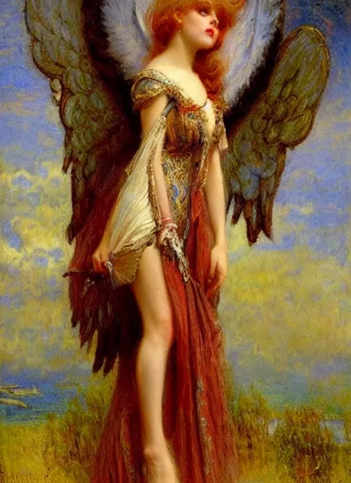 Image similar to vertical prtrait of an angel knight gothic girl, baroque dress. by gaston bussiere