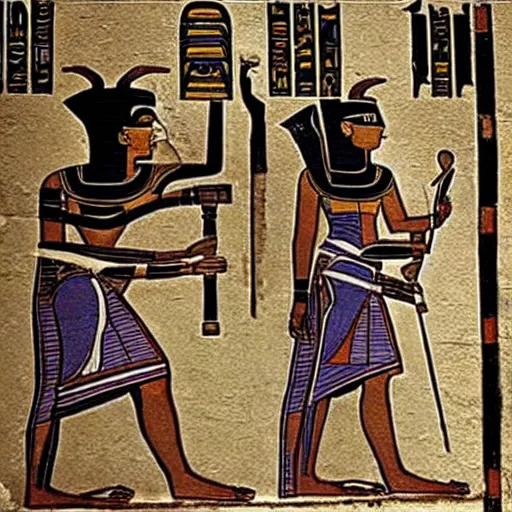 Image similar to ancient egyptian art featuring robots!