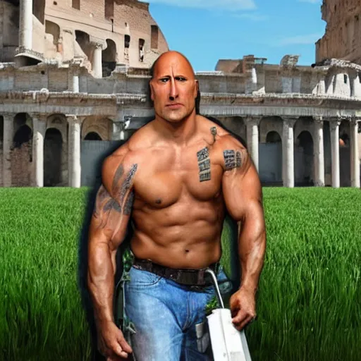 Image similar to dwayne johnson dressed as an electrician planting peas in ancient rome, portrait