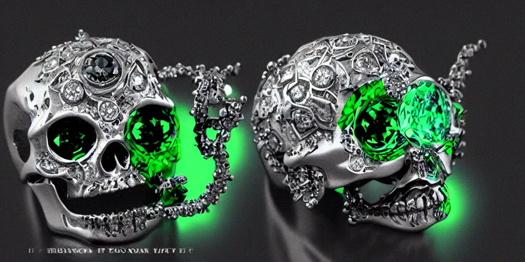 Prompt: stunning magic skull ring with a diamond, poison, green, mist, skull, energy, engraving, d & d, item, graphic, close - up, design, shimmer, artbook, page, detailed, trending on artstation, cgsociety, greg rutkowski and thomas kinkade and moebius