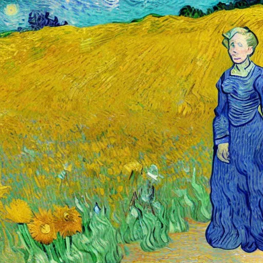 Image similar to van gogh painting of a sad hillary clinton standing in a flower field sunny