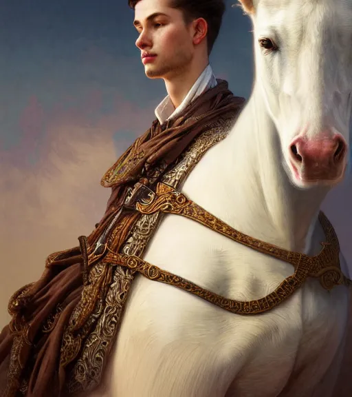 Image similar to portrait of young man next to a white horse, wearing an embroidered tunic, intricate, highly detailed, book cover artwork, digital painting, artstation, concept art, smooth, sharp focus, illustration, art by wlop, mucha, artgerm, and greg rutkowski