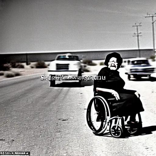 Image similar to Old woman in a wheelchair is chased by the police at very high speed. police cars in the background chasing the woman. texas desert. dramatic journalism, colored photo. 1970.