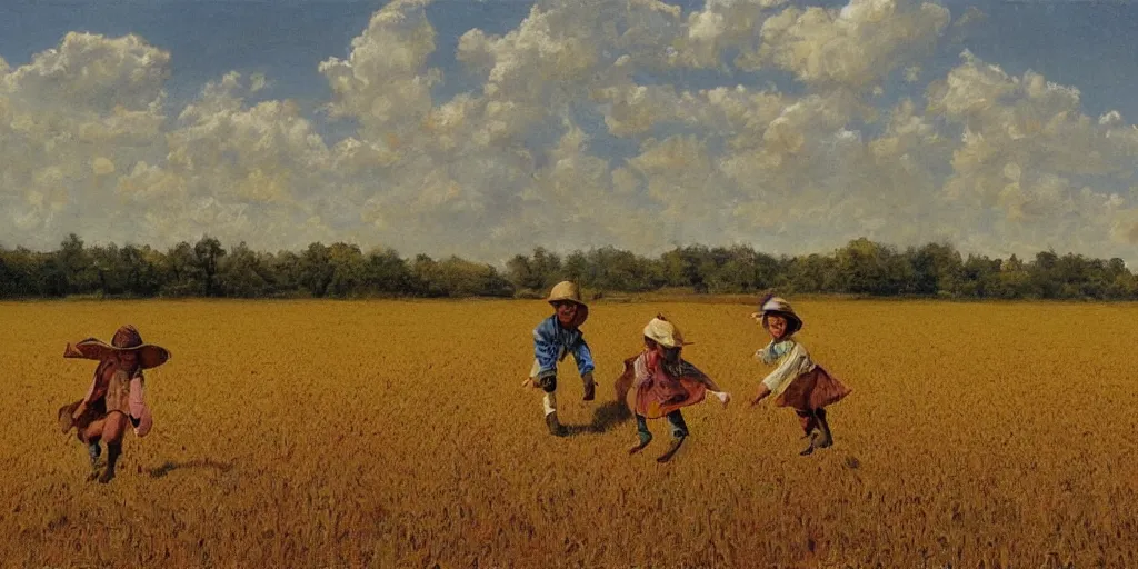 Prompt: The children of scarecrow playing in full ripened fields by James Gurney