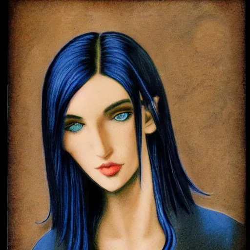 Prompt: raven haired seductive woman with stunning ocean blue irises with a beautiful face, sharp thin nose, fair skin, soft skin, long neck, and elf pointed ears showing bare shoulders