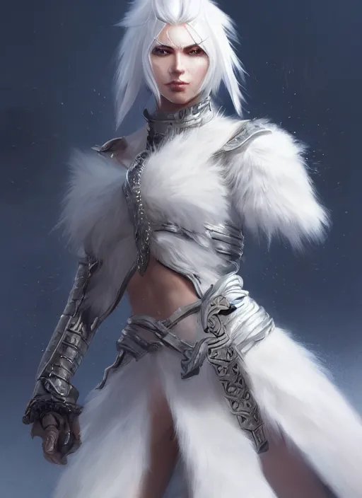 Image similar to fur - lined armor!!! beautiful and elegant white haired female!! gorgeous ayes!! character concept art, sharp focus, octane render! unreal engine 5! highly rendered!! trending on artstation!! detailed linework!! illustration by bussiere rutkowski andreas rocha