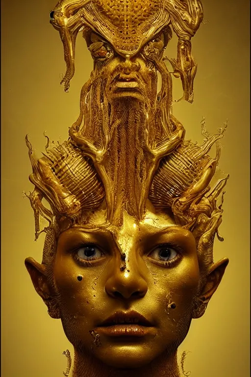 Prompt: portrait of a surreal ancient god, made by liquid gold melting, floating in the sky, insanely detailed, trending on artstation, golden ratio, concept art by Emil Melmoth