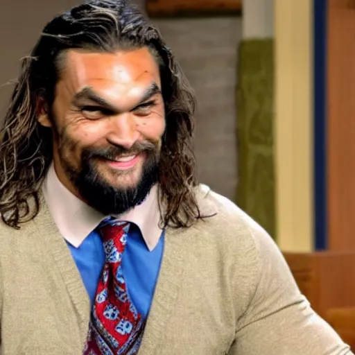 Image similar to a still image of jason momoa as mr. rogers