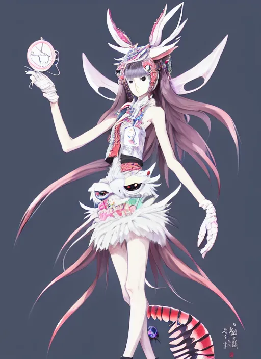 Prompt: concept art of a owl rabbit lobster monster girl wearing a intricate outfit japanese harajuku street fashion, gapmoe yandere grimdark, dragon tail, long tail. butterfly trending on pixiv fanbox, painted by greg rutkowski makoto shinkai takashi takeuchi studio ghibli, akihiko yoshida