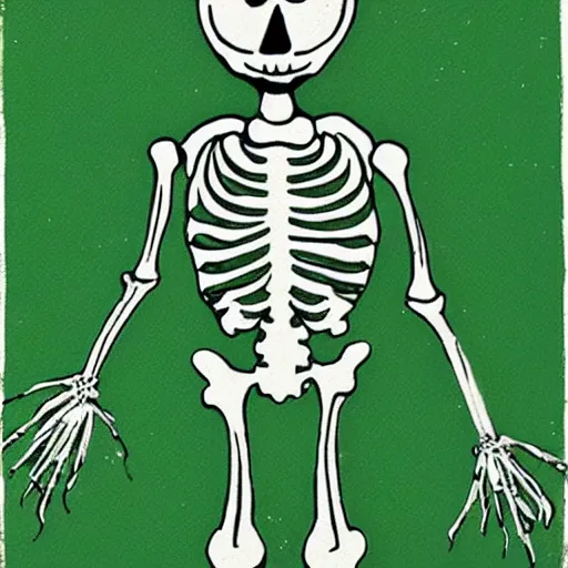 Image similar to skeleton scarecrow in a field, printmaking
