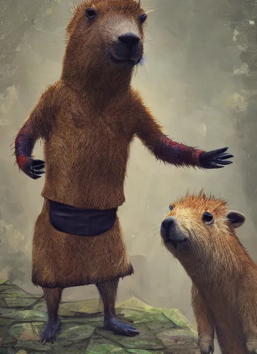 Image similar to detailed full body concept art illustration, oil painting on canvas of an anthropomorphic capybara school teacher in full intricate clothing, biomutant, dystopian, micro detail, octane render, 4K