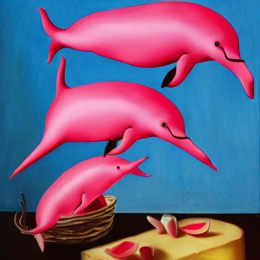 Prompt: a highly detailed oil painting of 3 pink dolphins, in a cheese world, 4 k, trending on art station, in the style of dali, boch, matisse caravaggio, comical
