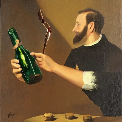 Image similar to oil painting by james gilray of a man opening a bottle of champagne with a sword.