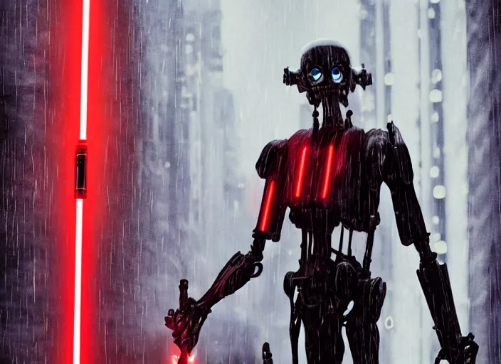 Prompt: portrait photo of general grievous with arms holding 4 activated red lightsabers in the rain. cyberpunk horror style.