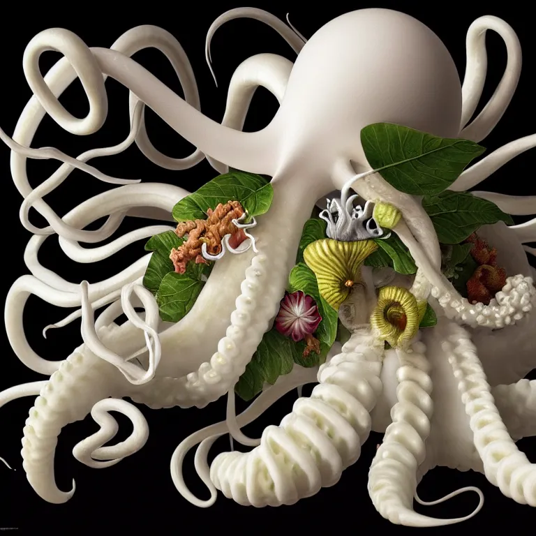 Image similar to still life of flowers, white alien squid, white octopus, surreal alien ribbed fruit, tropical fruit, white human spine, baroque painting, beautiful detailed intricate insanely detailed octane render trending on Artstation, 8K artistic photography, photorealistic, chiaroscuro, Raphael, Caravaggio