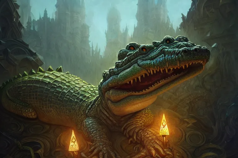 Image similar to epic crocodile god temple deep focus, d & d, fantasy, intricate, elegant, highly detailed, digital painting, artstation, concept art, matte, sharp focus, illustration, hearthstone, art by artgerm and greg rutkowski and alphonse mucha