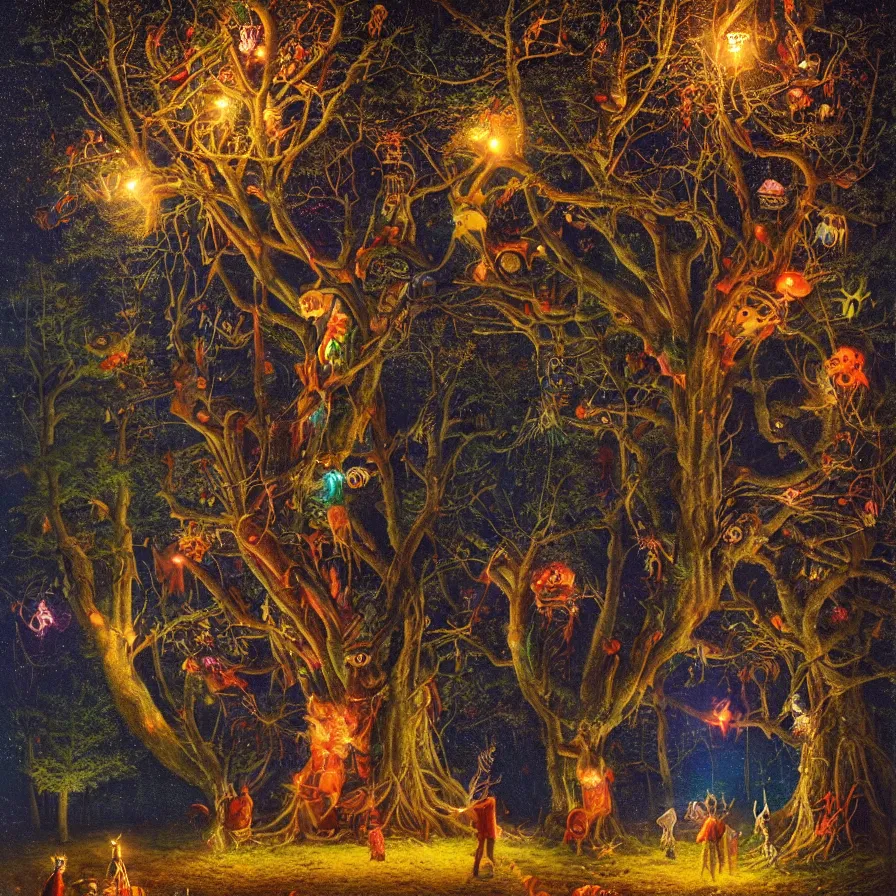 Prompt: a night carnival around a magical tree cavity, with a surreal orange moonlight and fireworks in the background, next to a lake with iridiscent water, christmas lights, folklore animals and people disguised as fantastic creatures in a magical forest by summer night, masterpiece painted bypeter christian skovgaard, dark night environment