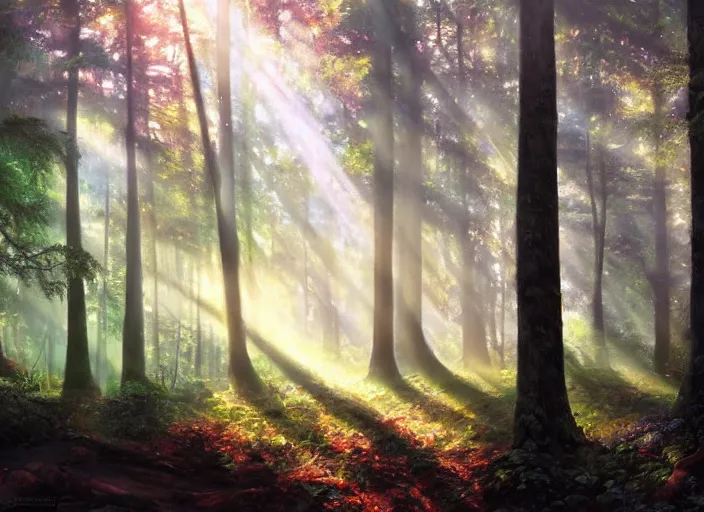 Image similar to a hyper-detailed oil painting of a fantasy forests with rays of light coming through the canopy; an extraordinary masterpiece!!!; flawless; photorealistic; trending on artstation; f/1.4; 90mm