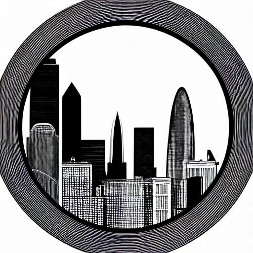 Image similar to a perfect circle, the outer edge of the circle is the silhouette of a city skyline, black and white, minimalist, in the style of a line drawing