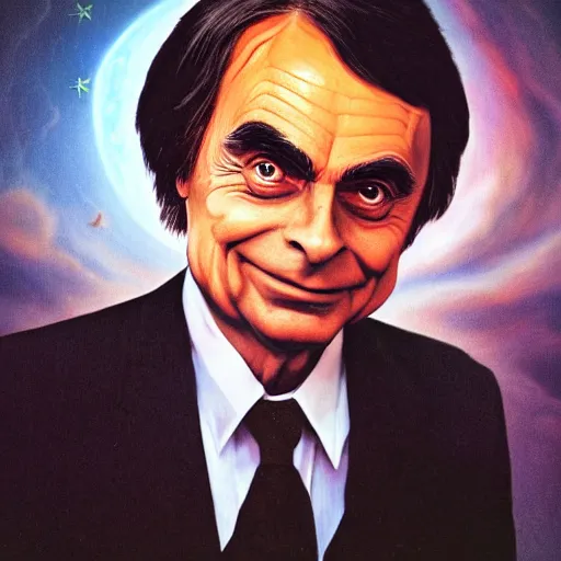 Prompt: Satanic Carl Sagan, portrait. evil. horns. flames. hyper realistic