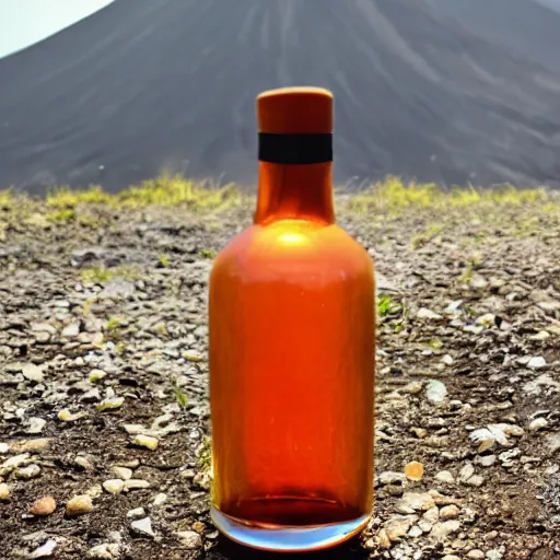 Image similar to symmetrical photo of small bottle standing, volcano background