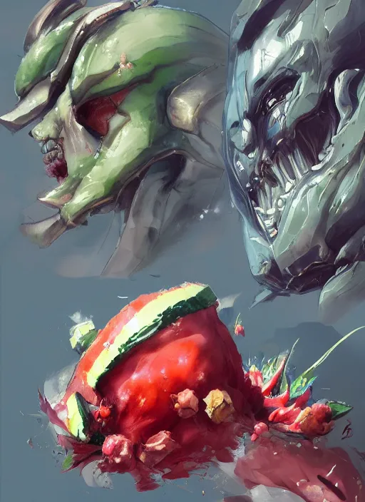 Image similar to semi reallistic gouache gesture painting, by yoshitaka amano, by ruan jia, by Conrad roset, by dofus online artists, detailed anime 3d render watermelon monster, watermelon terrible monster, antrophomorfic watermelon, portrait, cgsociety, artstation, rococo mechanical, Digital reality, sf5 ink style, dieselpunk atmosphere, gesture drawn