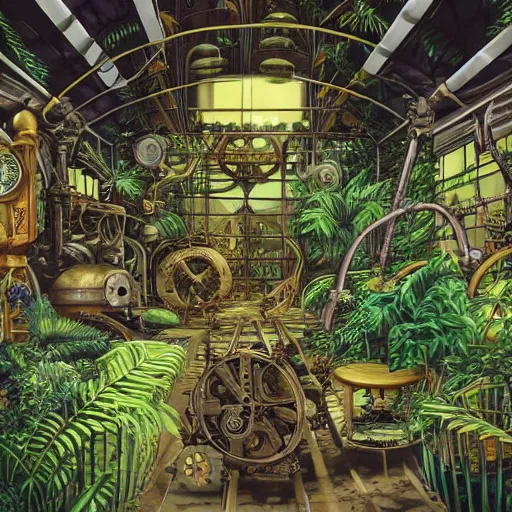 Prompt: Inside a steampunk machine room with lush vegetation growing around the machines, tropical trees, large leaves, flowers, vintage science fiction illustration