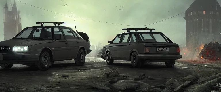 Image similar to Armored and Armed Audi 80 B3 Avant (1988) with a mounted M249, Dark Souls 3, a grim fantasy, Anor Londo, dramatic lighting, cinematic, establishing shot, extremely high detail, photorealistic, cinematic lighting, artstation, by simon stalenhag