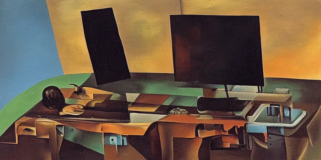 Image similar to A painting of a table with a computer on it, by Salvador Dalí