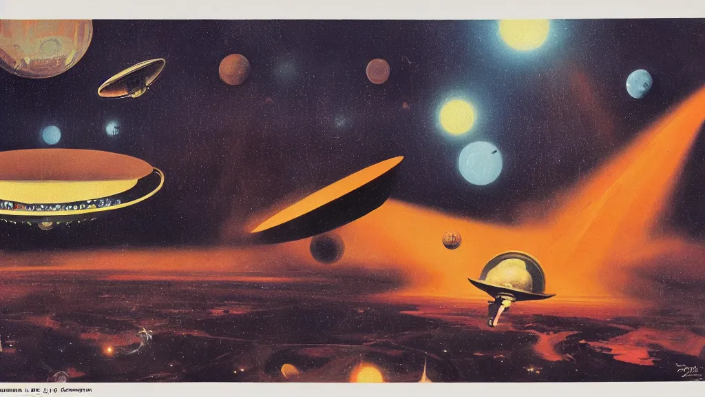 Image similar to flying saucer design by paul lehr and jack gaughan and john schoenherr, cinematic matte painting