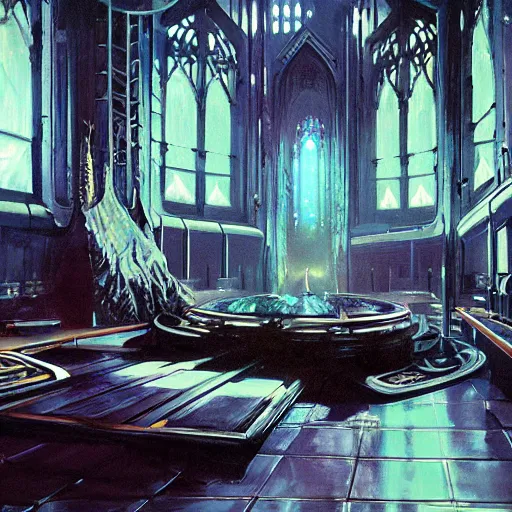 Prompt: detailed painting of bladerunner interior room with celestial ornaments and gothic architecture, artstation, syd mead, cinematic