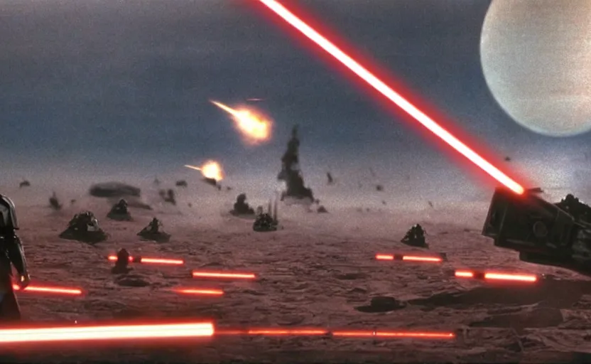 Image similar to iconic cinematic screenshot of imperial empire invasion on sith planet, from the action packed scene from the 8 0 s star wars sci fi film by stanley kubrick, glowing lasers, 4 k uhd, highly detailed scene, phot real, anamorphic lenses 2 4 mm, lens flare, award winning