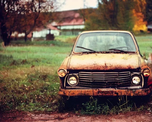 Image similar to a lomographic photo of old lada 2 1 0 7 standing in typical soviet yard in small town, hrushevka on background, cinestill, bokeh