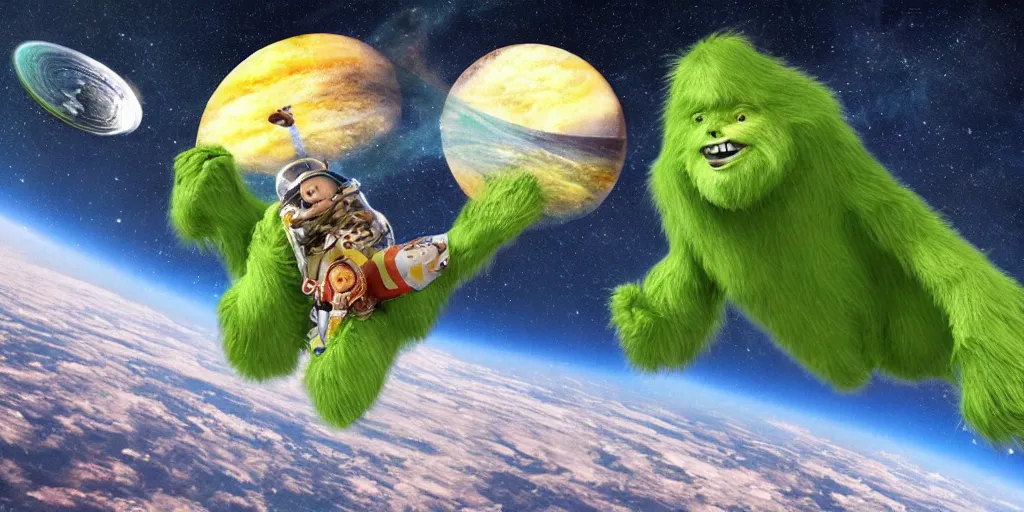 Prompt: Sasquatch riding a giant pickle in space, beautiful cosmic