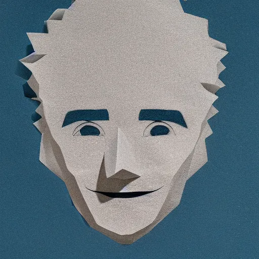 Prompt: a face of a man with wavey medium short hair made from layered paper, smiling, 2D, flat minimalistic, ambient light