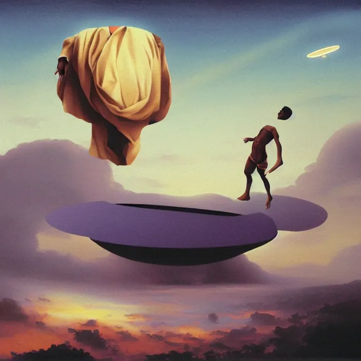 Prompt: a massive hovering UFO over an African Jesus ,painting by Hsiao-Ron Cheng,