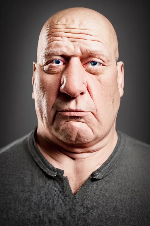 Prompt: studio portrait of man, 4 0 years, homer simpson lookalike, looks like a real life version of homer simpson, as if looking at a cartoon character, soft light, black background, fine skin details, close shot, award winning photo by annie leibovitz