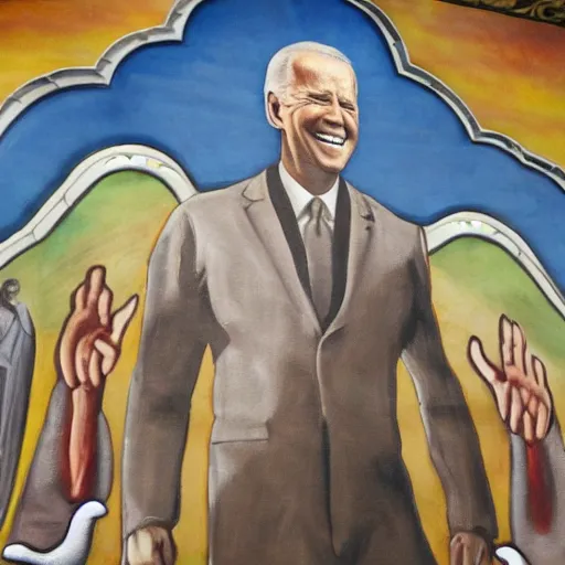 Image similar to a church mural depicting joe biden as a god, 4 k, highly detailed, painted by michelangelo