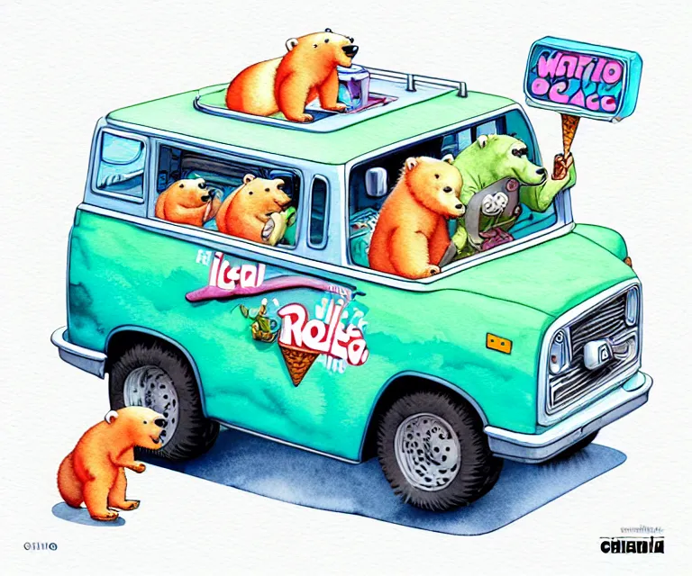 Image similar to cute and funny, polar bear riding in a tiny ice cream truck, ratfink style by ed roth, centered award winning watercolor pen illustration, isometric illustration by chihiro iwasaki, edited by craola, tiny details by artgerm and watercolor girl, symmetrically isometrically centered