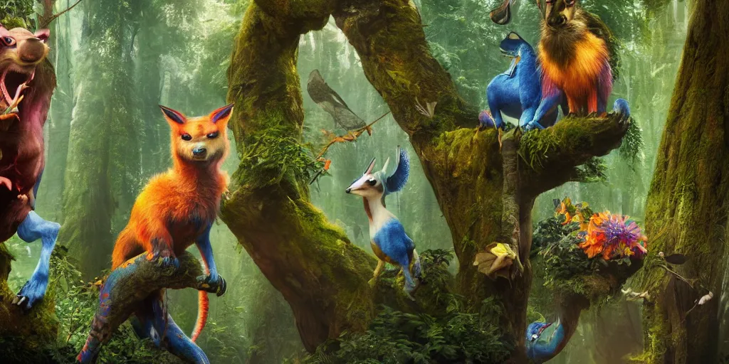 Image similar to a colorful fauna animal, lowbrow, 8 k, matte painting, fantasy, avatar movie