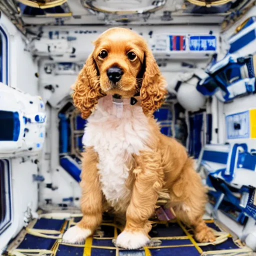 Prompt: a cute cocker spaniel puppy floating inside the international space station, realistic, professional photography, 4 k, sharp lens, focus, depth of field