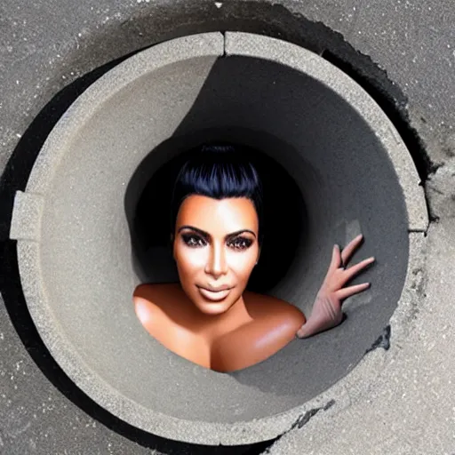 Image similar to photo of kim kardashian trapped inside a sewer drain