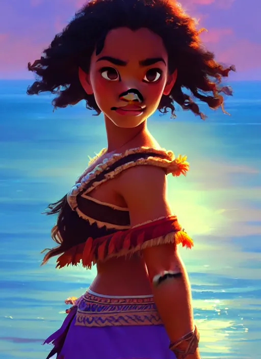 Image similar to portrait of moana, intricate, headshot, key visual, conceptart, ambient lighting, highly detailed, digital painting, artstation, concept art, sharp focus, by makoto shinkai and akihiko yoshida and greg manchess