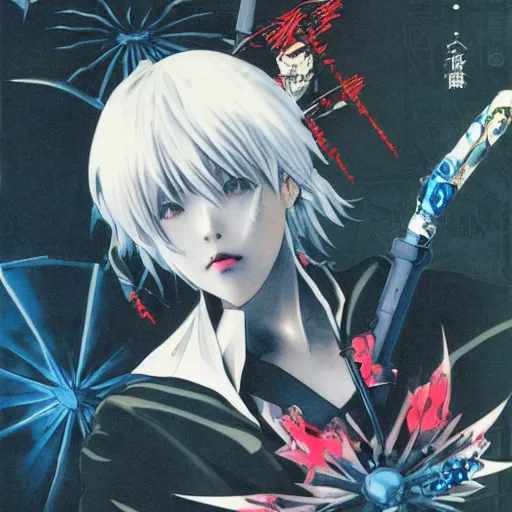 Prompt: a japanese girl with silver hair and blue eyes and demon wings holding an umbrella at daytime, shot from above, sparkling eyes, illustration by Yoji Shinkawa